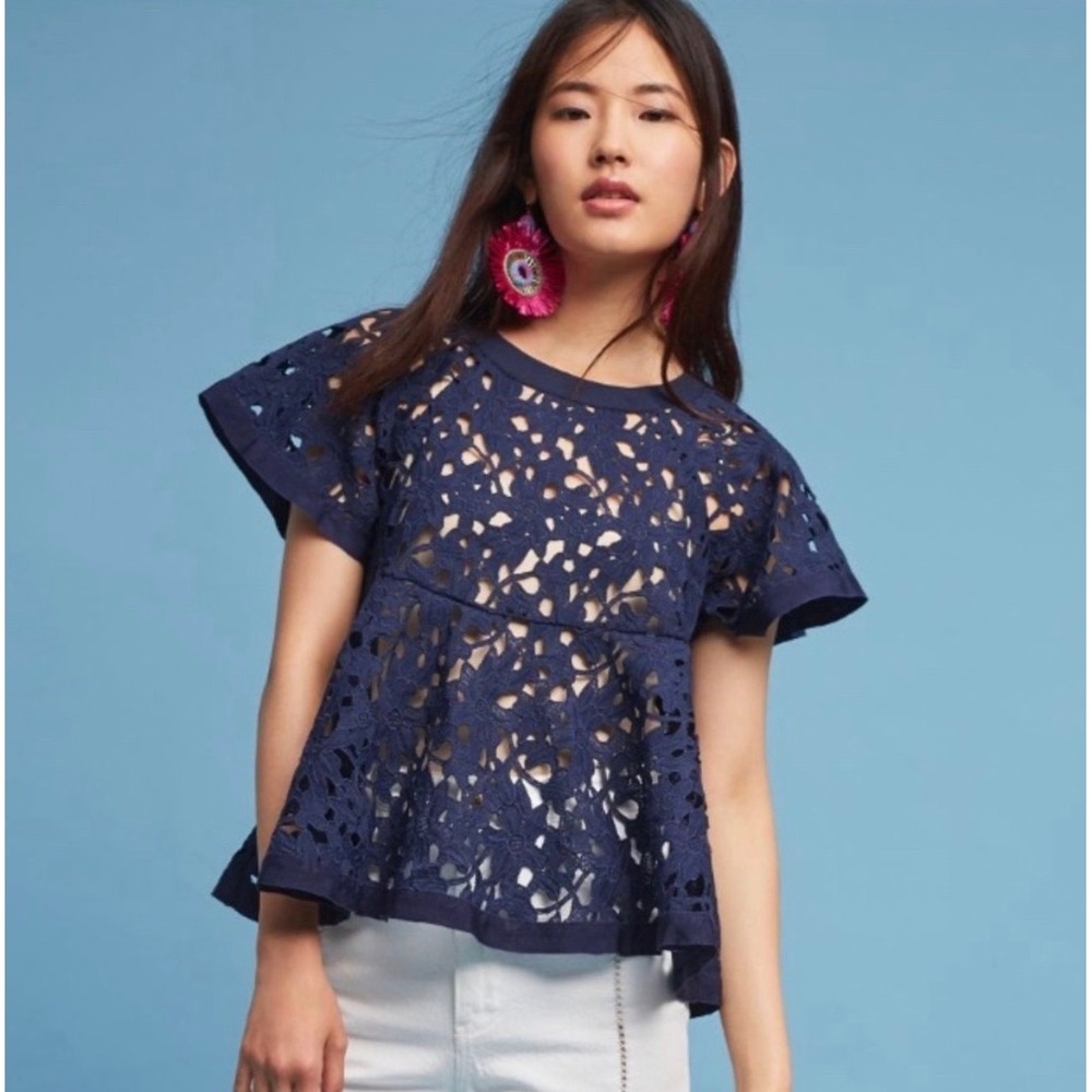 Anthropologie Eri + Ali Lace Cut Out Blouse Women Small Navy Floral Swing Top